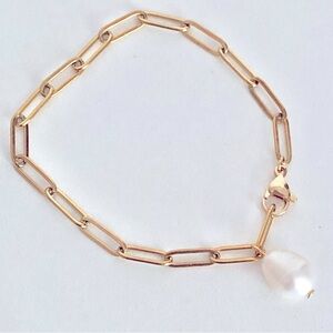 New 18k Gold Plated Paperclip Chain Freshwater Pearl Bracelet Boyfriend Clasp